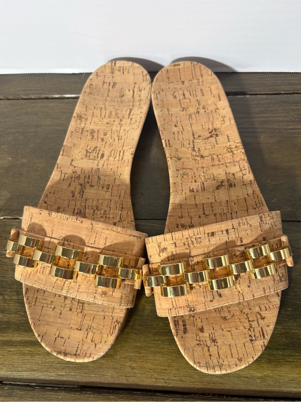 Veronica Beard Womens Sandals Eni Cork Gold Metal Chain Slide Shoe Sz 9